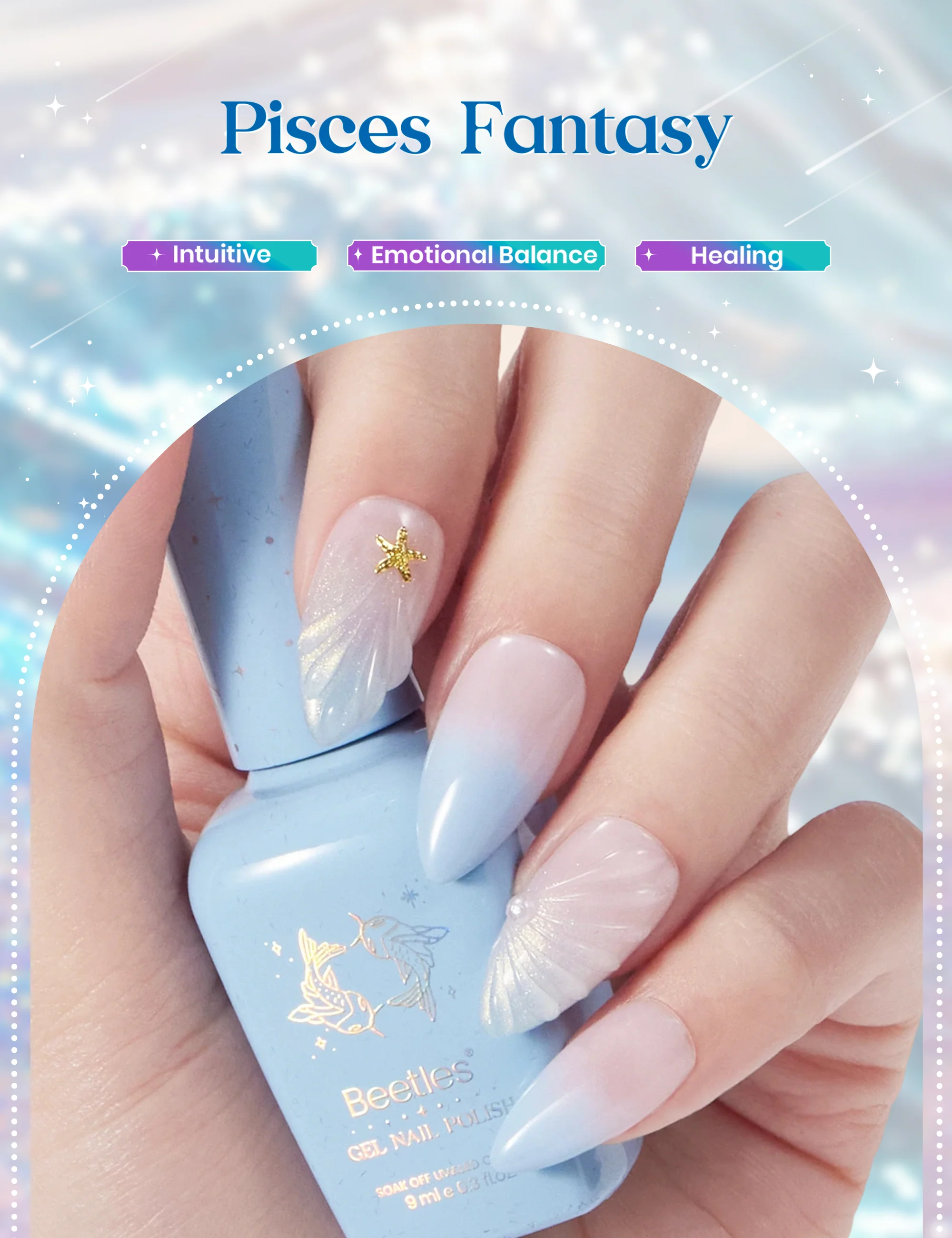 Beetles Stay Shining Pisces Fantasy HEMA Free TPO Free Summer Lucky Box, All-in-One Nail Art Set with Tools, Necklace Badge, Salon DIY Zodiac Gift for Women - Image 3