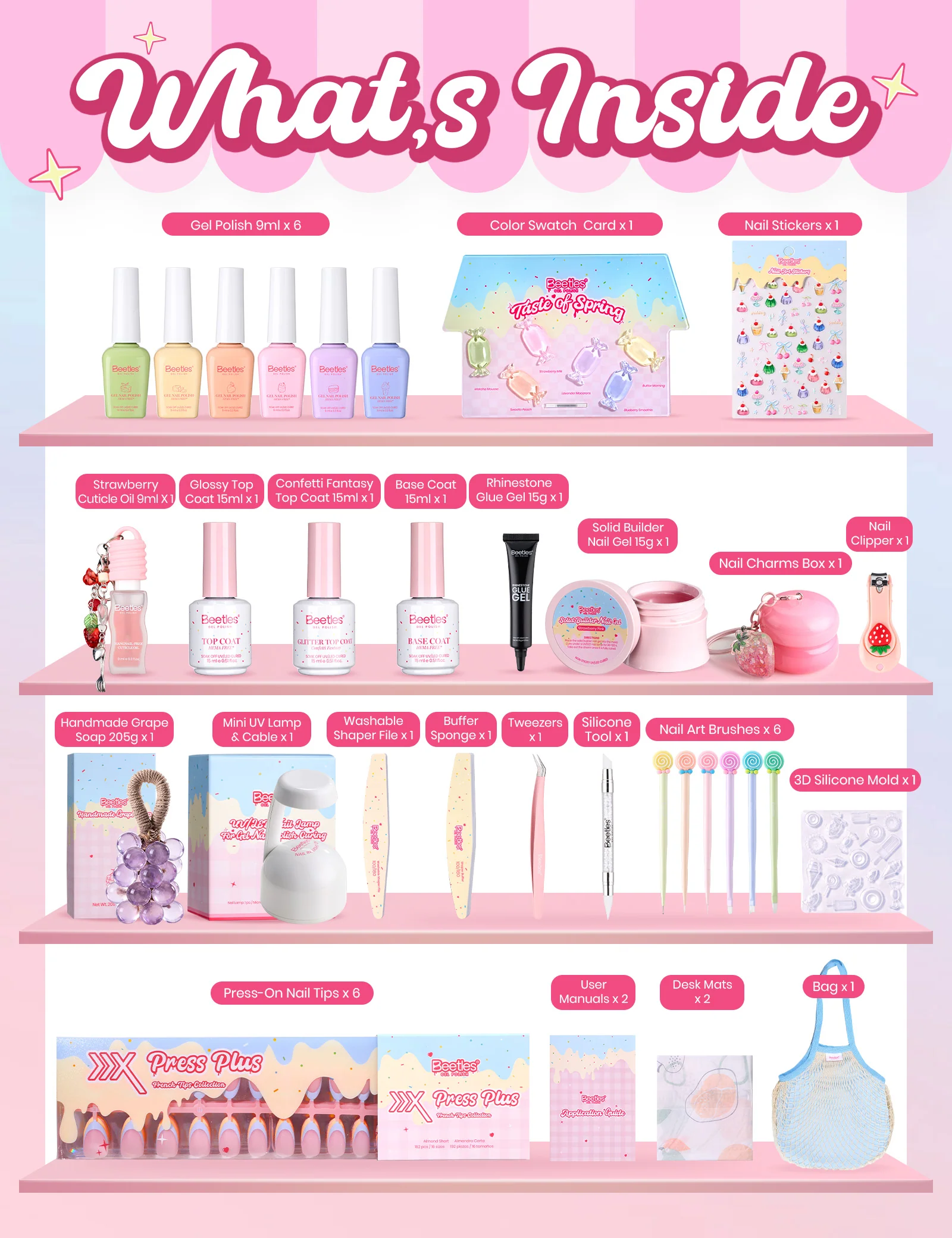Beetles Stay Shining Taste of Spring HEMA Free TPO Free Spring Gel Polish Giftr Box 6 Colors Pastel Gel Polish Set with Base Top Coats Mini UV Lamp Press On Nails Tools, Complete DIY Manicure Set for Home Salon - Image 2