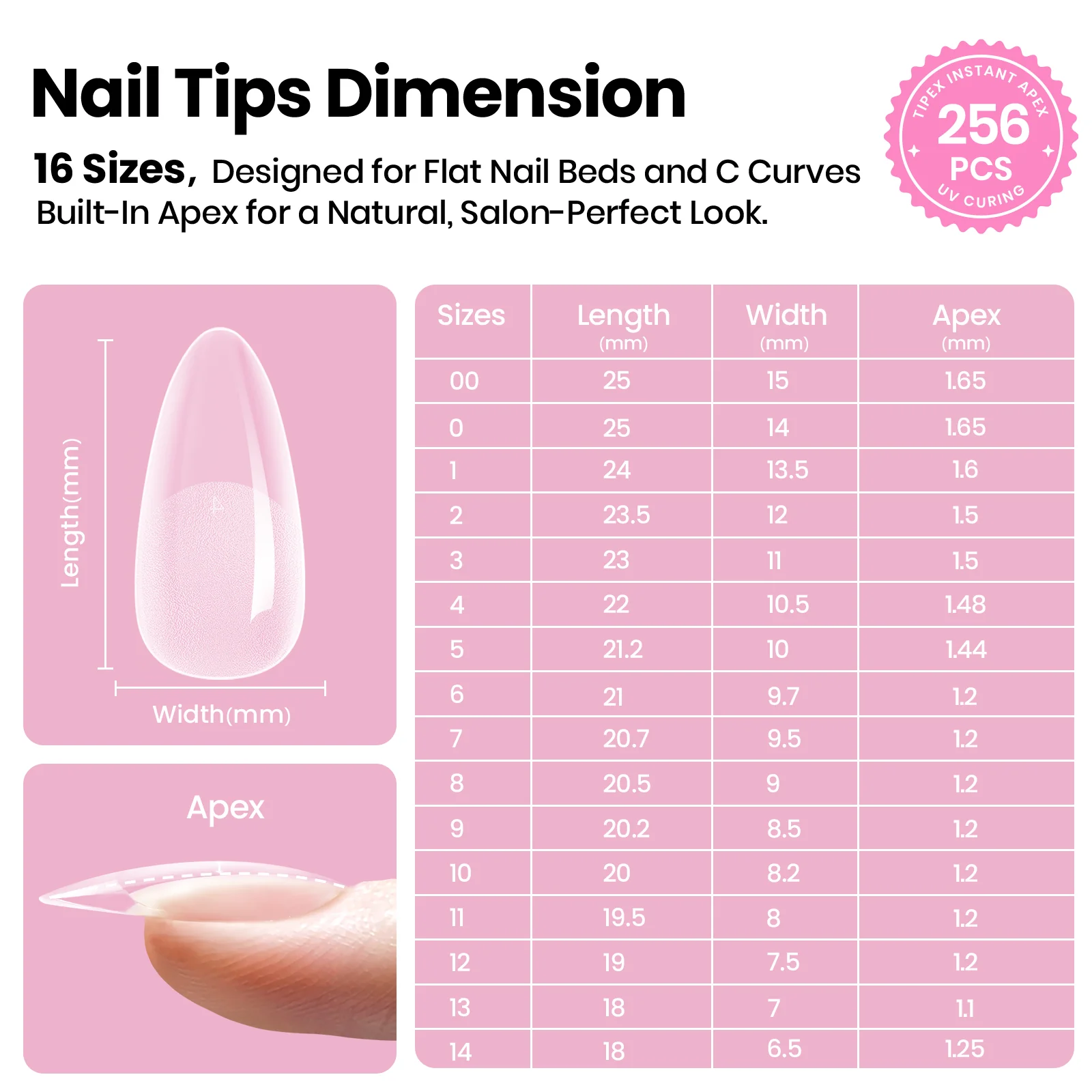Beetles Stay Shinning Tipex Lite Instant Apex Nail Tips, Medium Almond, 256pcs 16 Sizes for DIY Salon-look Extensions - Image 4