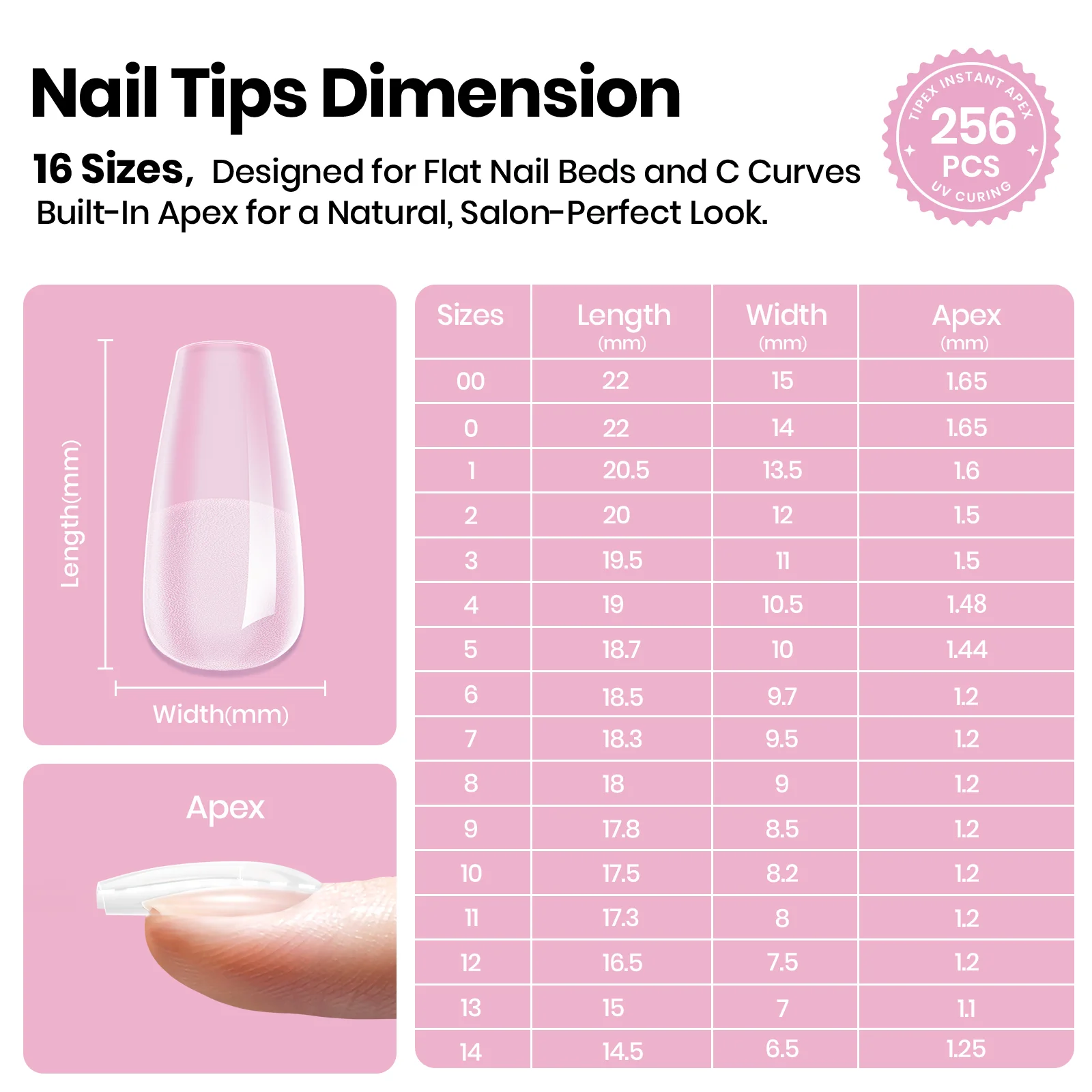 Beetles Stay Shinning Tipex Lite Instant Apex Nail Tips, Short Coffin, 256pcs 16 Sizes for DIY Salon-look Extensions - Image 4