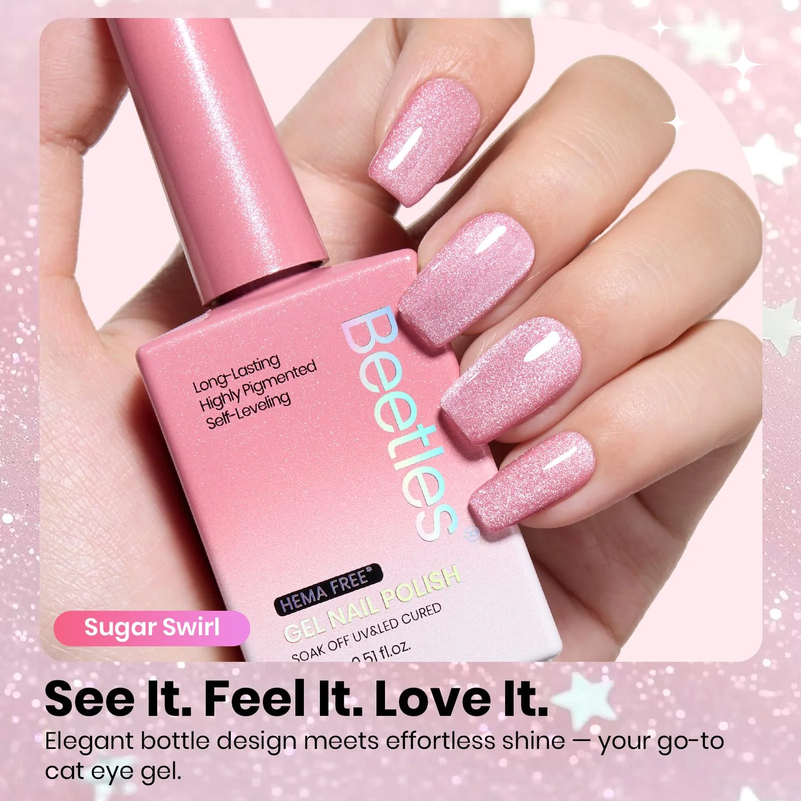 Beetles Sugar Swirl Gel Nail Polish - Nails 15ML Pink HEMA FREE Cat Eye Gel Polish - Image 4