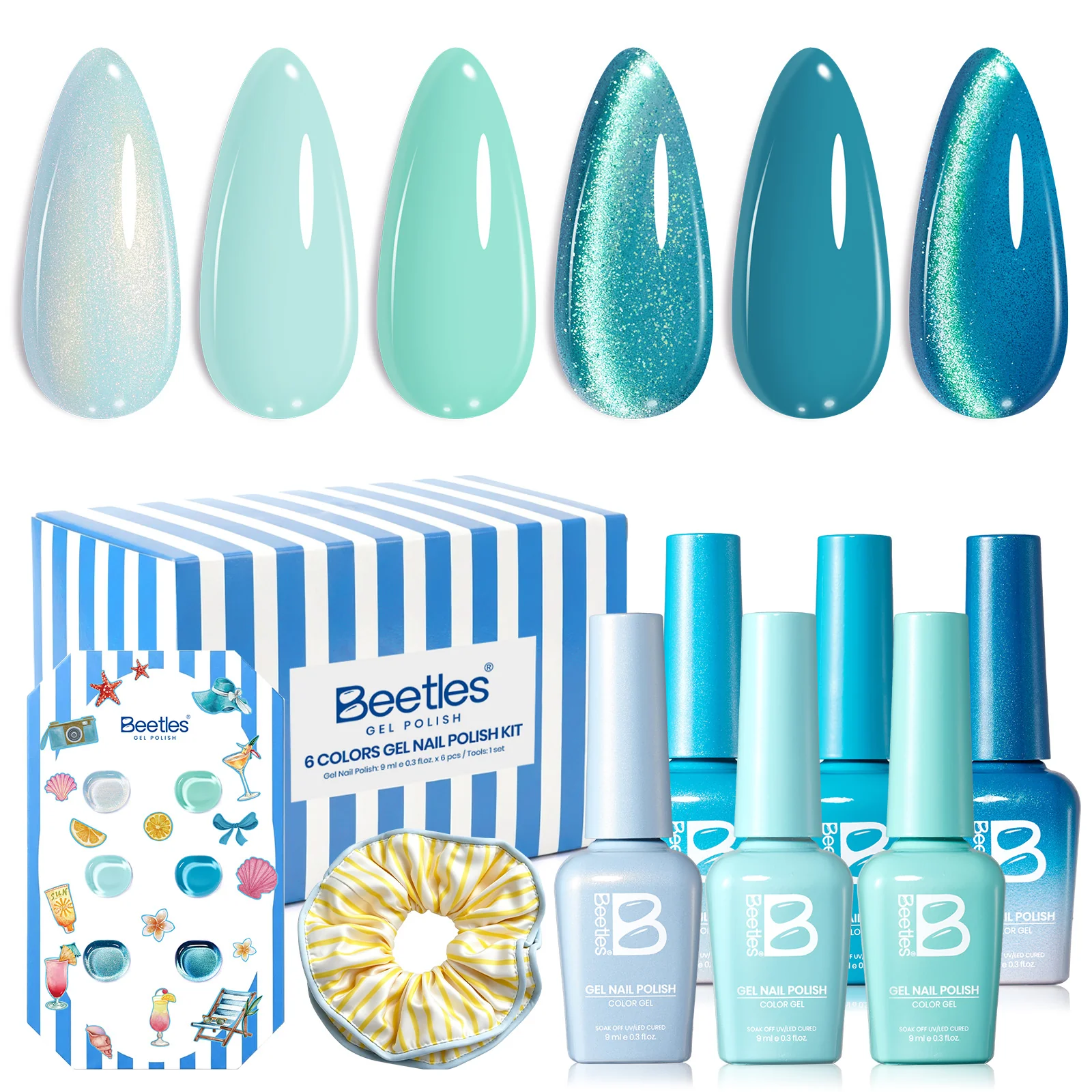 Beetles Summer Voyage - Shore Light Blue Cat Eye Gel Summer Nails 6 Colors Gel Polish Set 9ml - Image 8