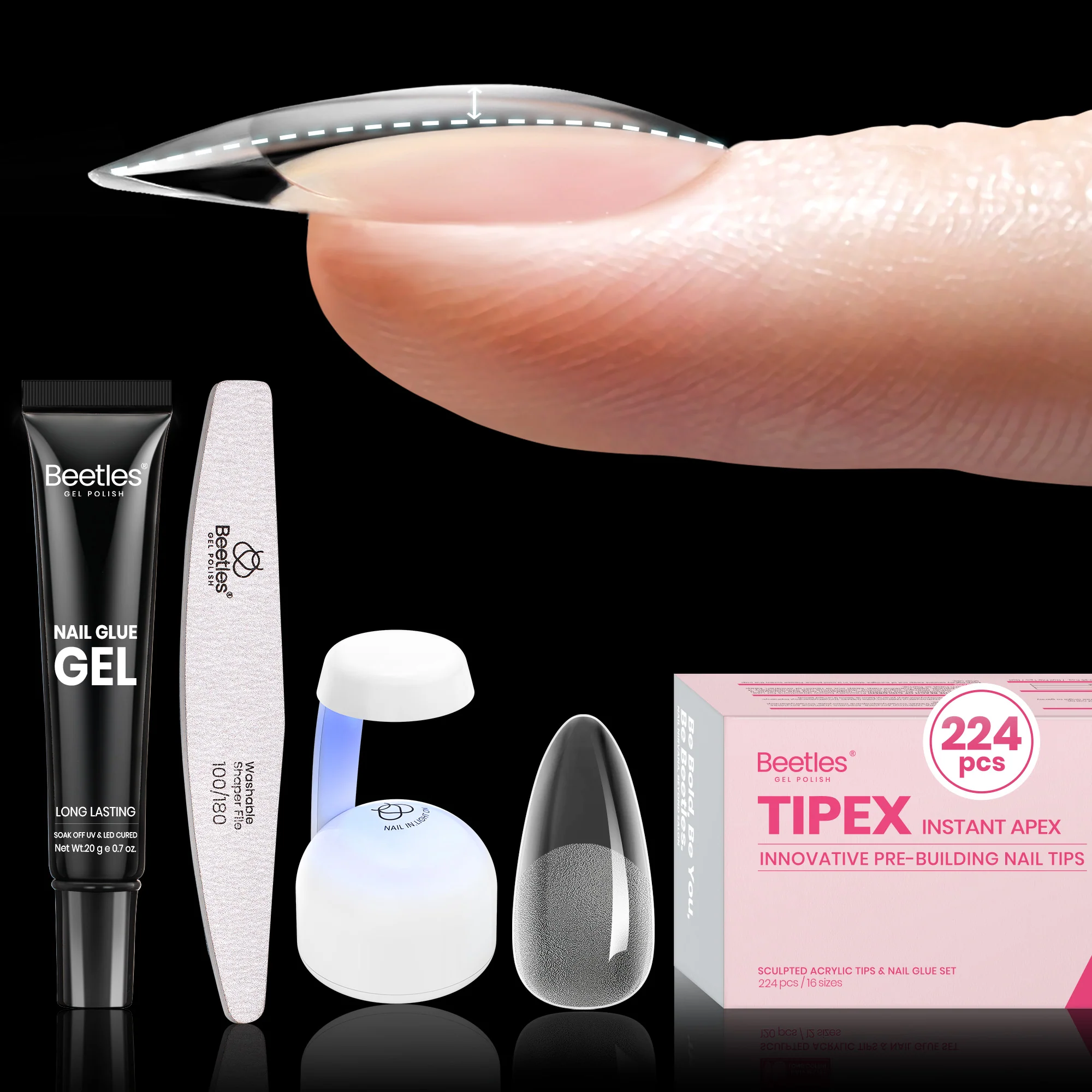 Beetles Tipex Gel Nail Kit, Medium Almond Nail Tips 224 Pcs 16 Sizes Pre-Building Pre-Etched Thick Acrylic Tips with Tipex Glue, Mini Lamp