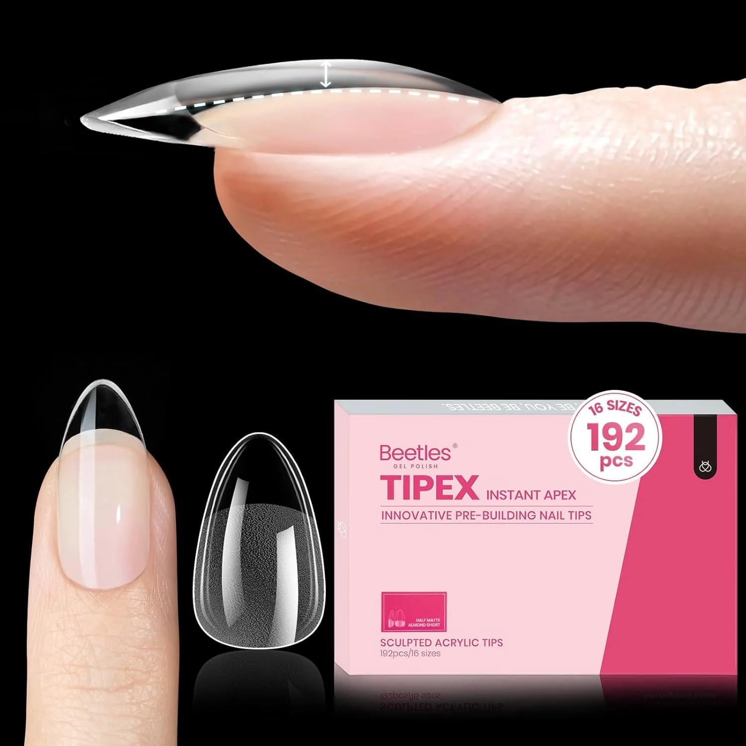 Beetles Tipex Instant Apex Nail Tips - 16 Sizes 192 Pieces Almond Short-Pre-Building