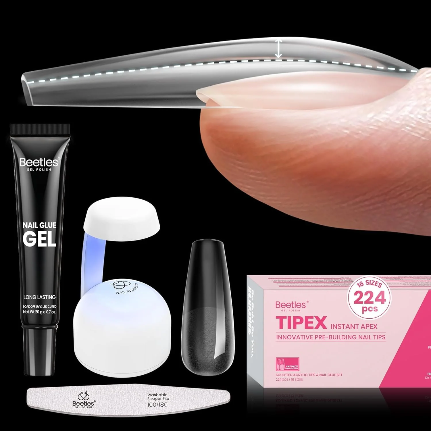 Beetles Tipex Instant Apex Nail Tips Kit - Coffin Long 224Pcs 16 Sizes