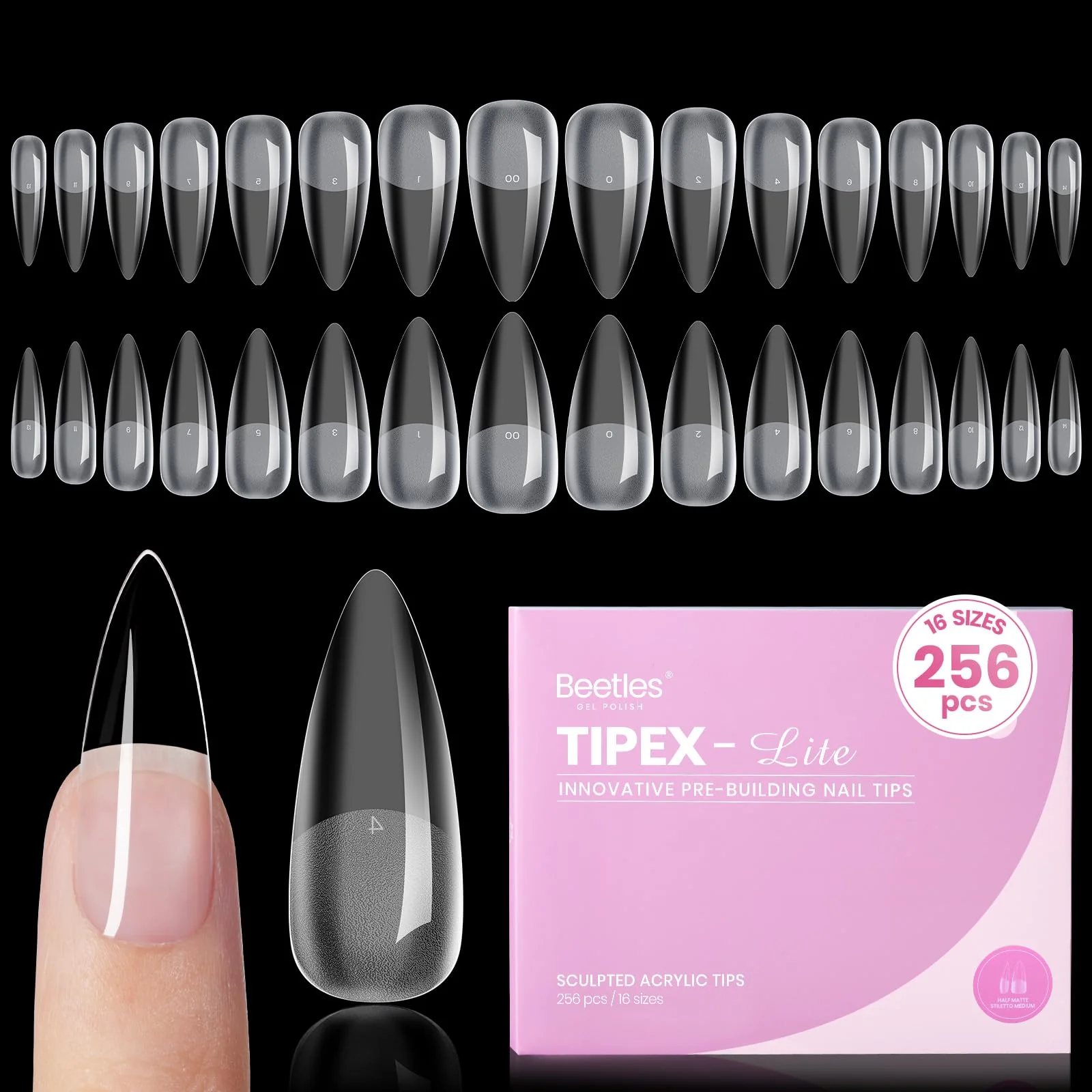 Beetles Tipex Lite Apex Nail Tips - Stiletto Medium 256pcs 16 Sizes