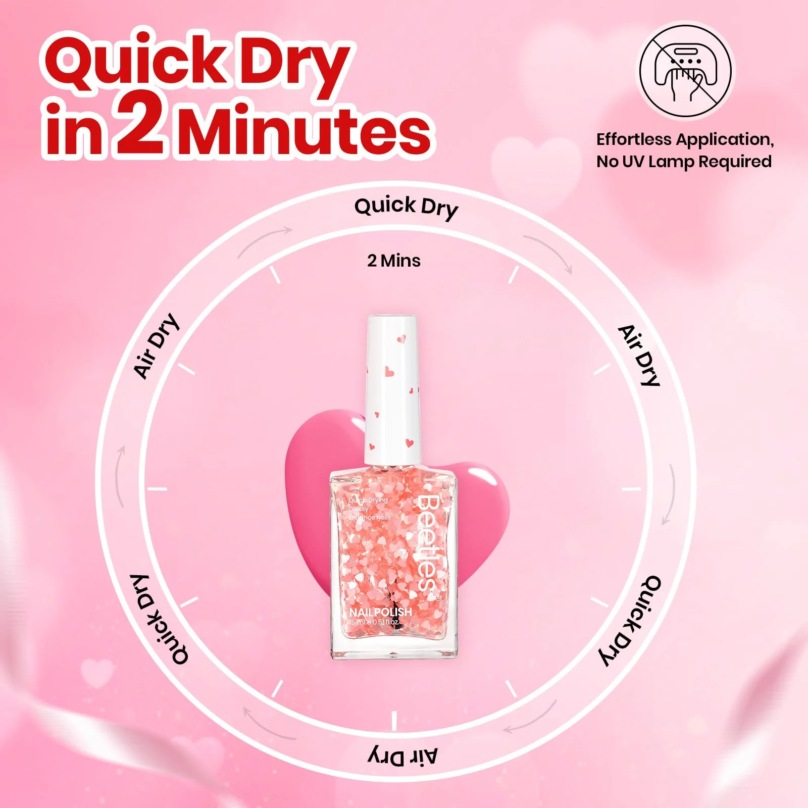 Beetles Valentines Nails Polish - 15ml/0.51Fl Oz Pink Heart Sweetheart Glow Glitter Top Coat - Image 5