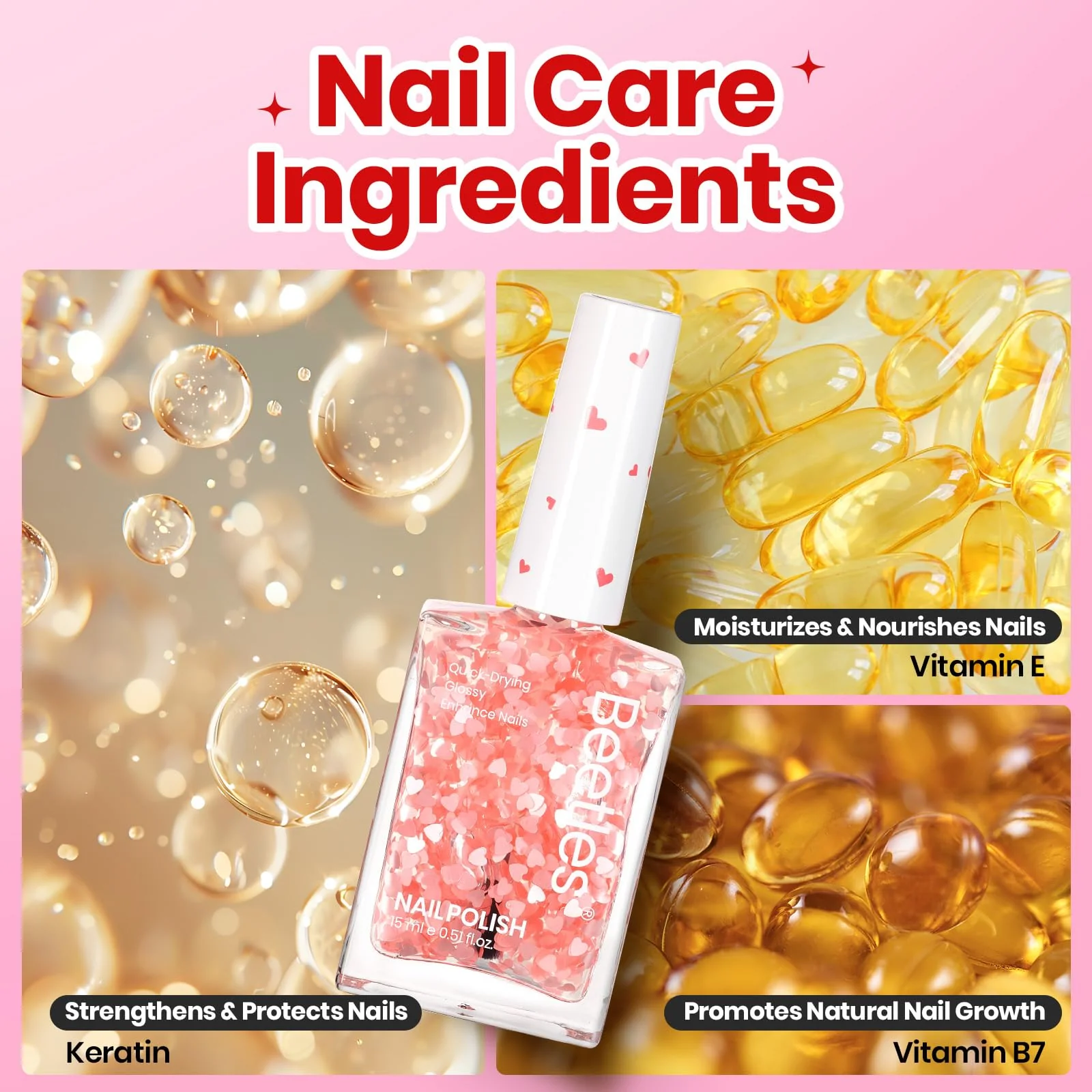 Beetles Valentines Nails Polish - 15ml/0.51Fl Oz Pink Heart Sweetheart Glow Glitter Top Coat - Image 9