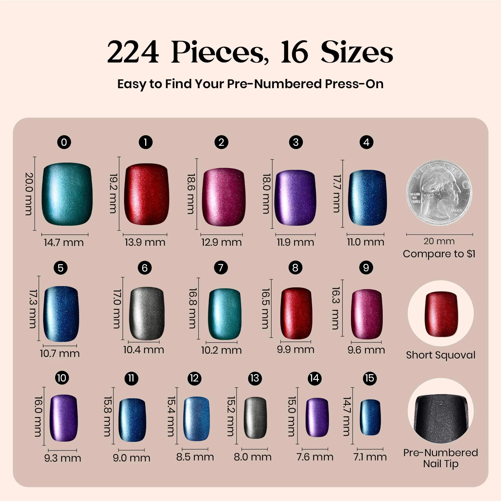 Beetles Cat Eye Nails - 16 Sizes 224 Pcs 7 Colors Short Square Press On Nails Natural Salon Quality - Image 5