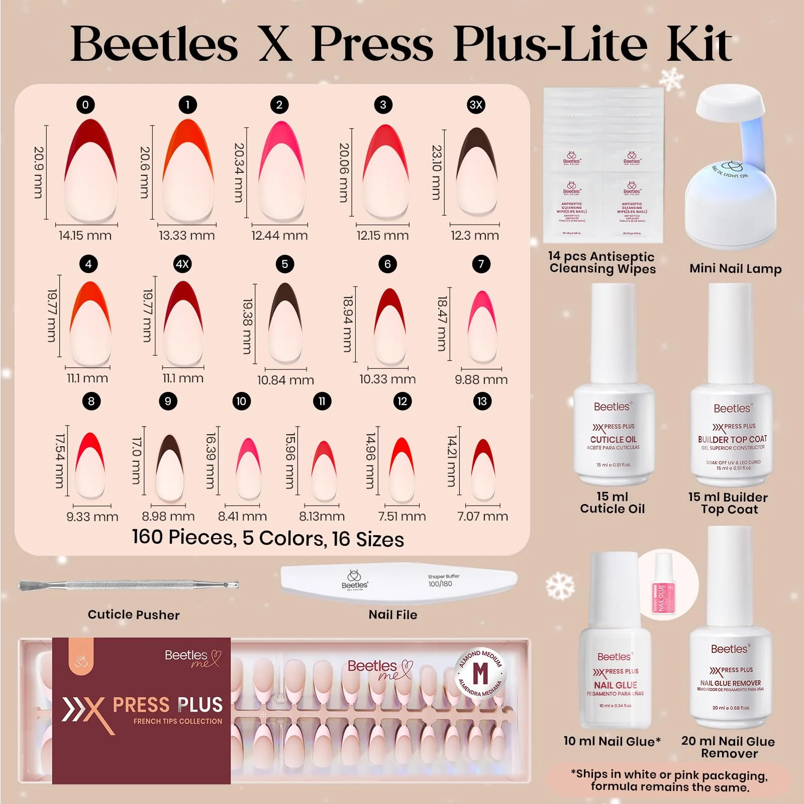 Beetles  Plus Gel Nails Kit Rouge French - 160Pcs 16 Sizes All-in-One Kit 5 Colors Christmas Press On Nails Short Almond - Image 5