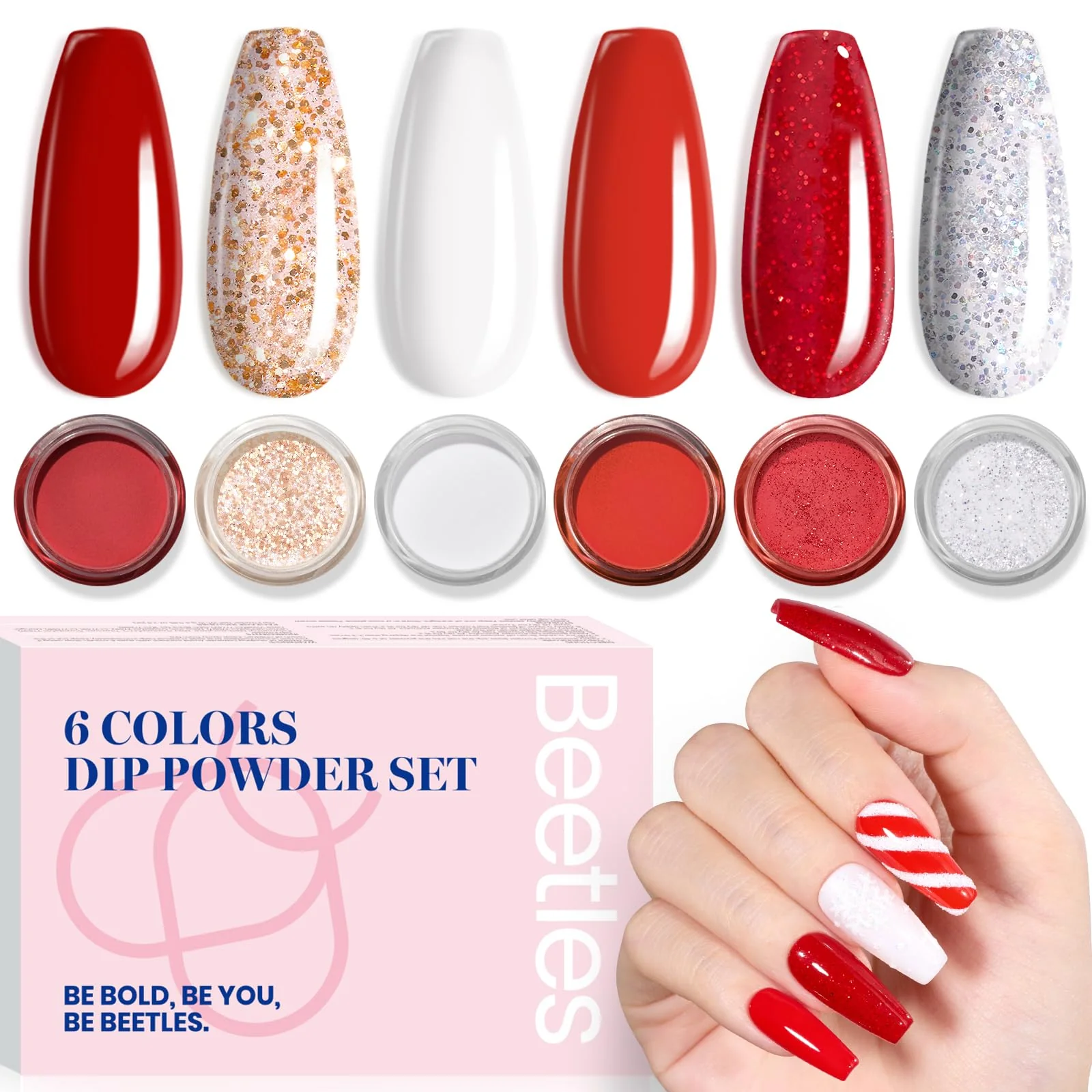 Candy Cane |  6 Color Powder Dip Red Glitter Salon  Nail Kit  set