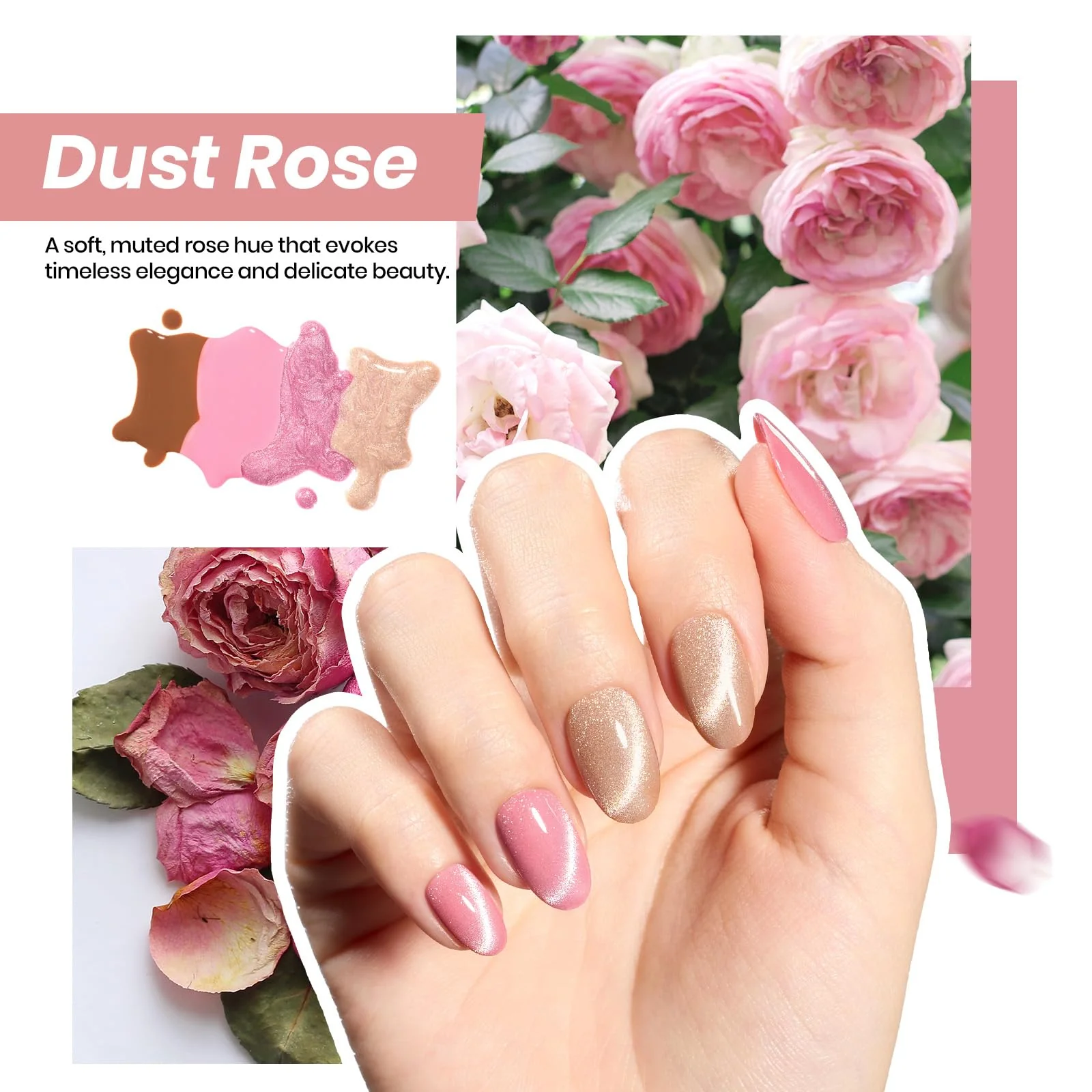 Beetles Gel Nail Starter Kit Dust Rose 4 Colors Pink Champagne Cat Eye All-in-One Mani Set - Image 6