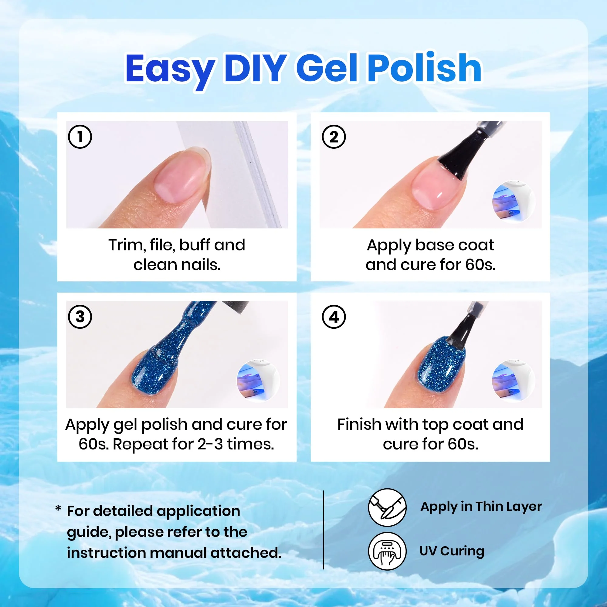 Glacier Diamond | 6 Colors Blue Gel Polish Set Glitter Summer Nails - Image 7