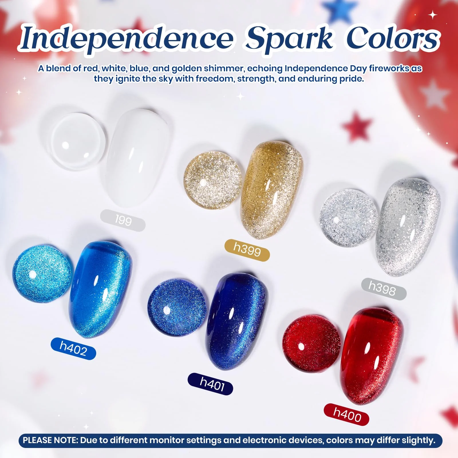 Independence Spark Colors| 6 Colors Cat Eye Gel Polish Set Red White and Glitter Blue - Image 2