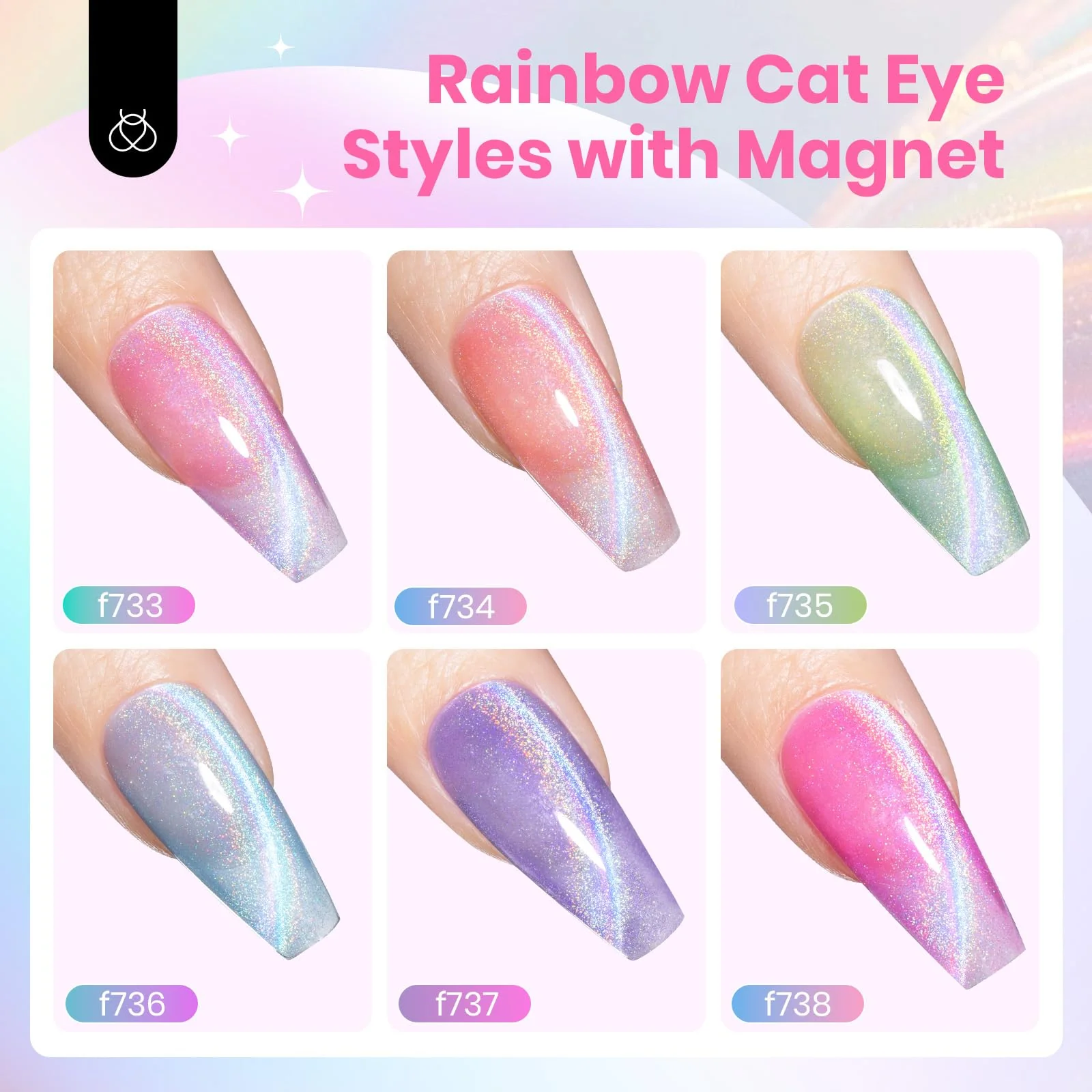 Iridescent Halo Nails  - 6 Colors Summer Rainbow Cat Eye Gel Nail Polish Set - Image 5
