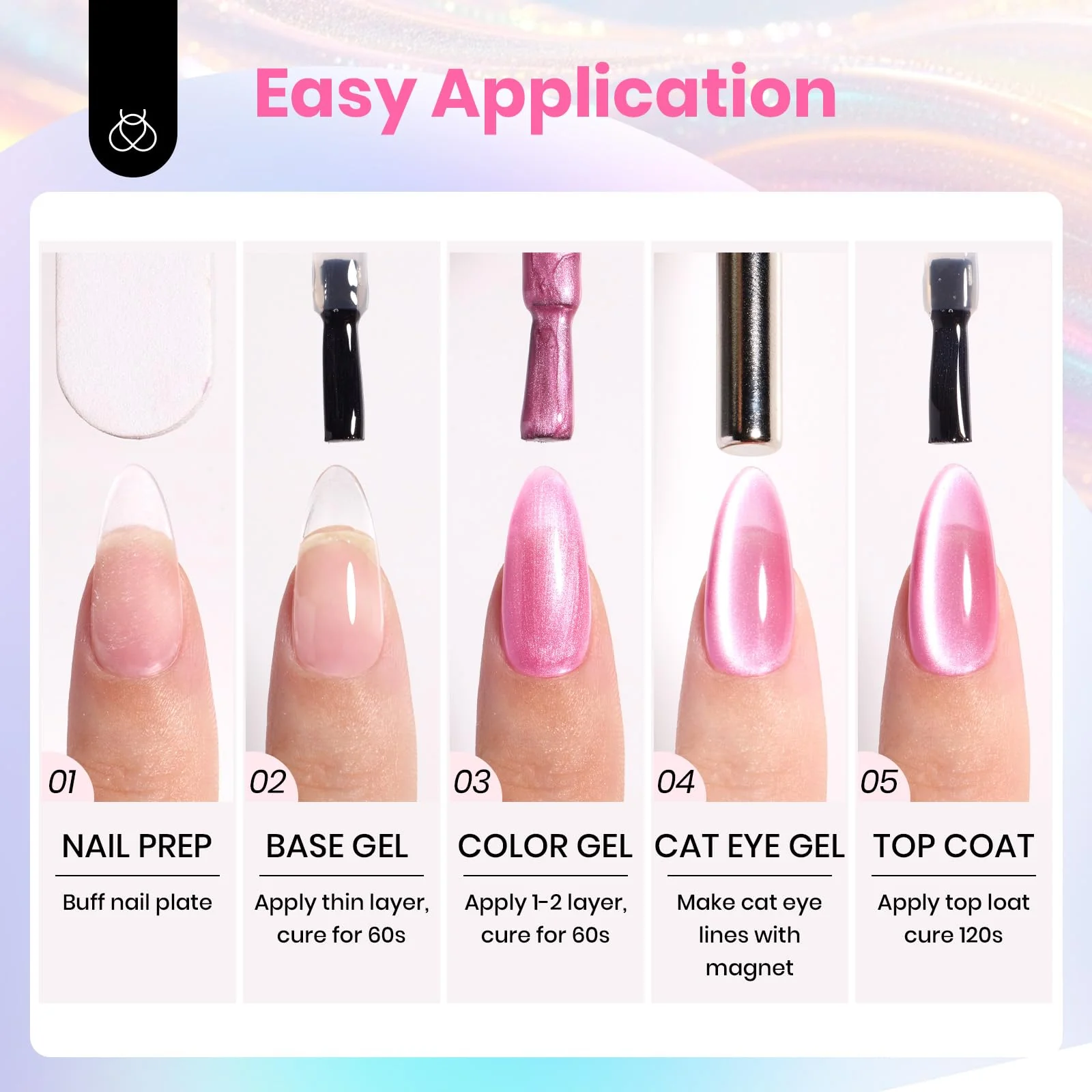 Iridescent Halo Nails  - 6 Colors Summer Rainbow Cat Eye Gel Nail Polish Set - Image 7