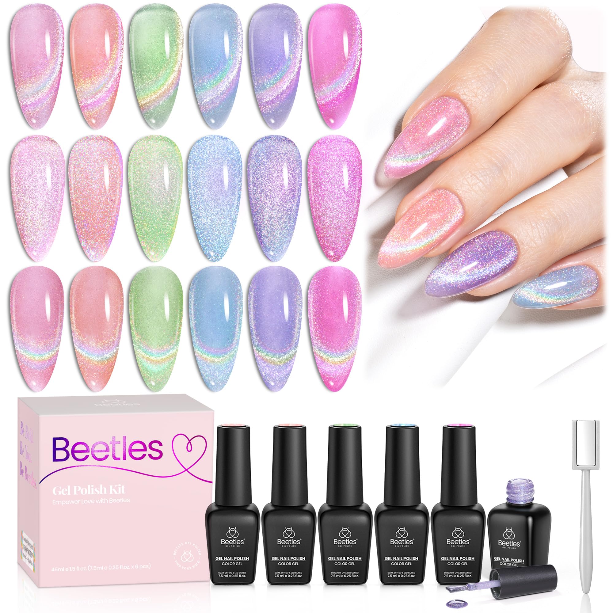Iridescent Halo Nails  - 6 Colors Summer Rainbow Cat Eye Gel Nail Polish Set - Image 9