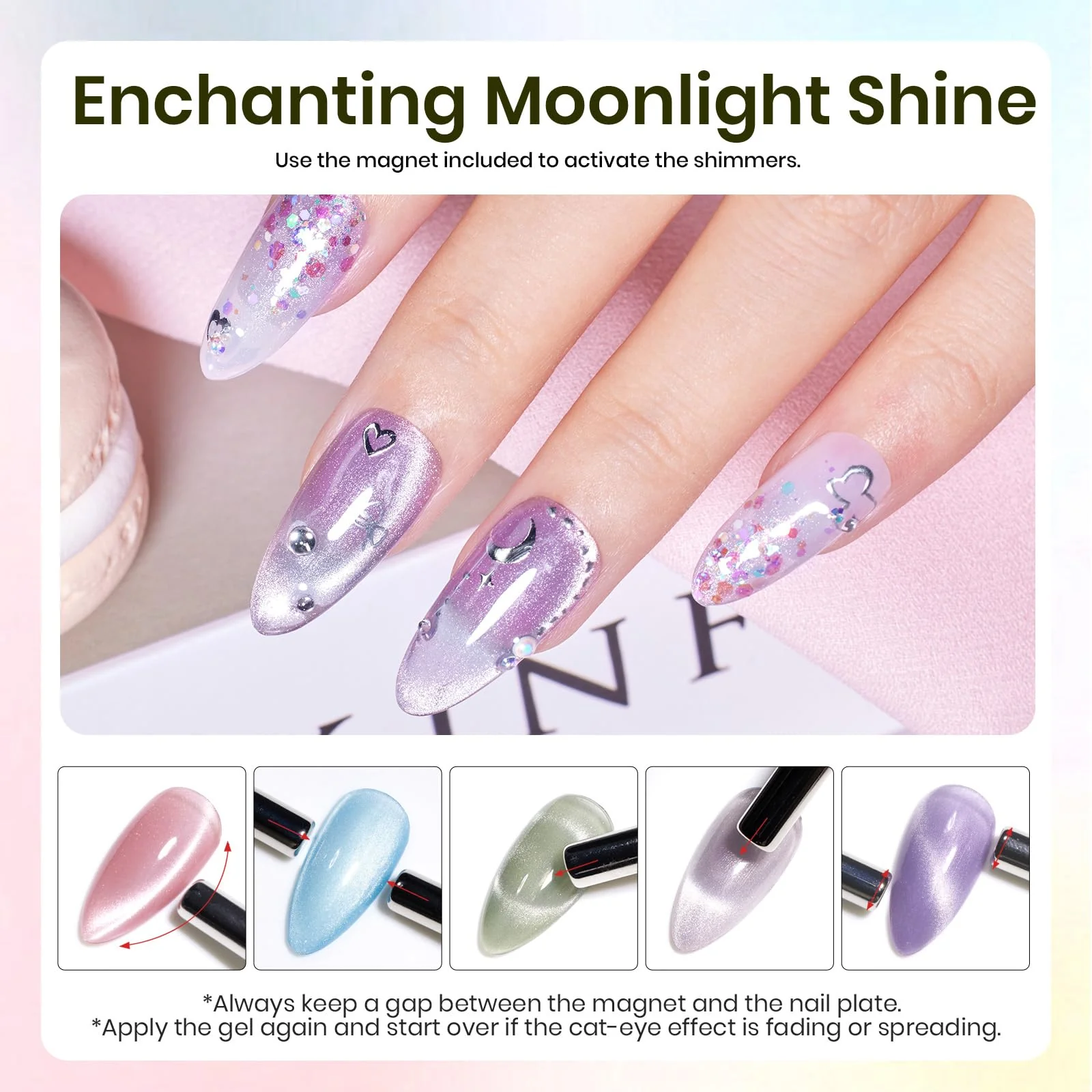 Light Lucite Cat Eye 6 Nails  Colors Gel Polish Summer Nails Set - Image 3