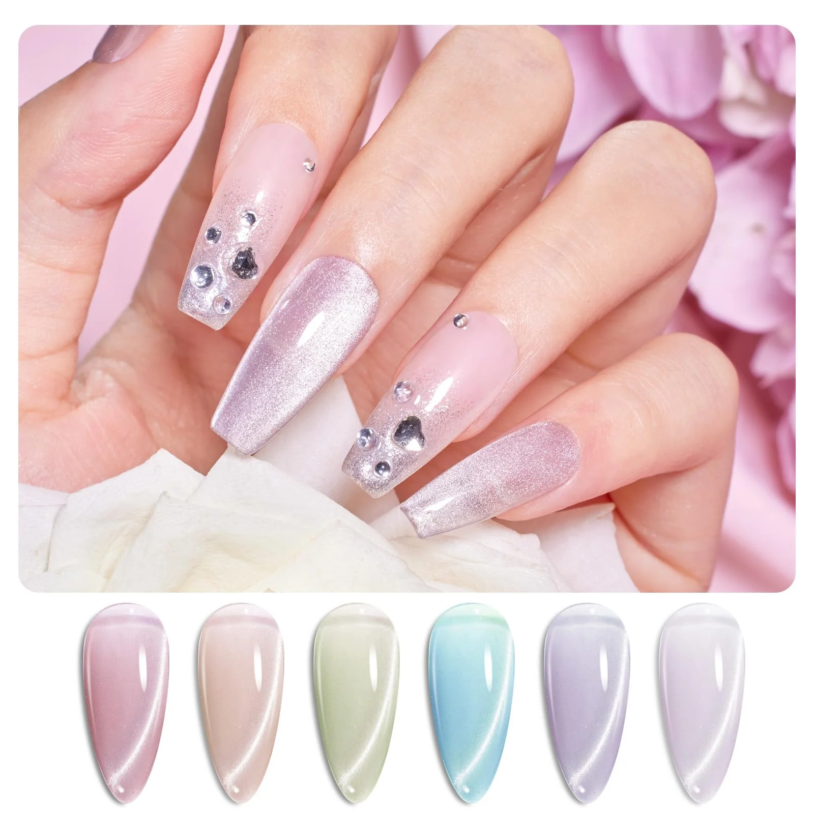 Light Lucite Cat Eye 6 Nails  Colors Gel Polish Summer Nails Set - Image 5