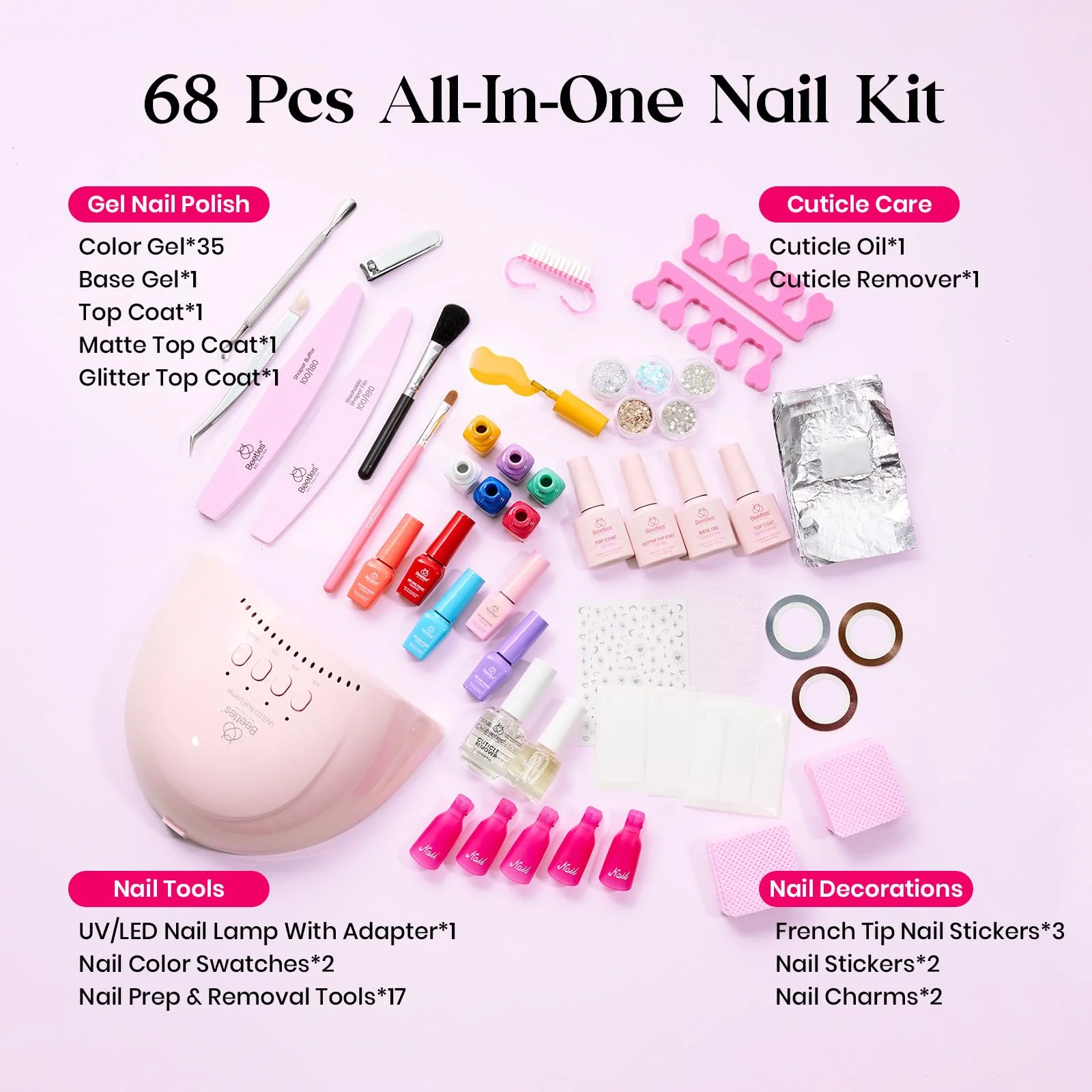 Beetles Gel Nail Starter Kit Mood Mosiac Upgrade Colorful Bottle 35 Colors 68Pcs All-in-One Mani Set - Image 4