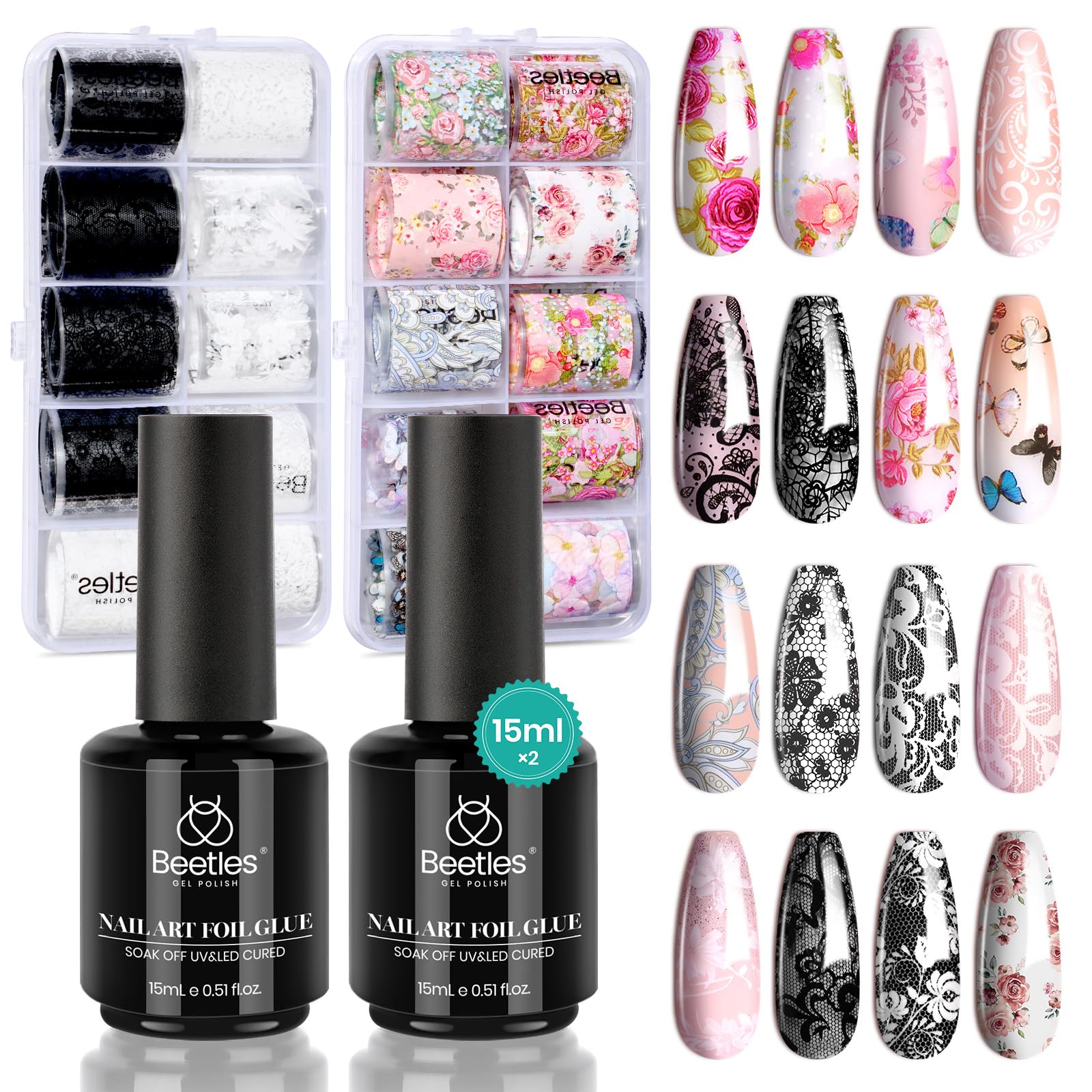 Nail Foil Glue Gel 15ML*2 With 20 Pcs Classic Stickers Nail Transfer Set