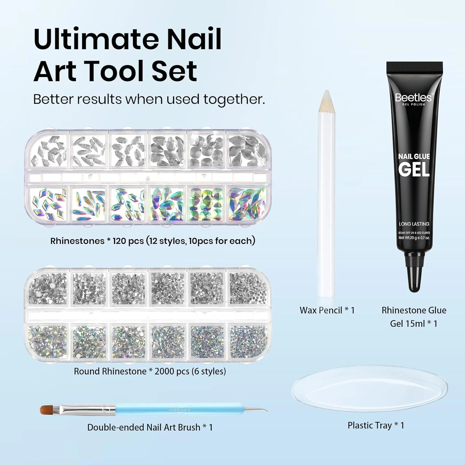Rhinestone Nail Glue Set - AB Crystal Glass Gems with Nail Rhinestone Glue and Nail Brush - Image 2