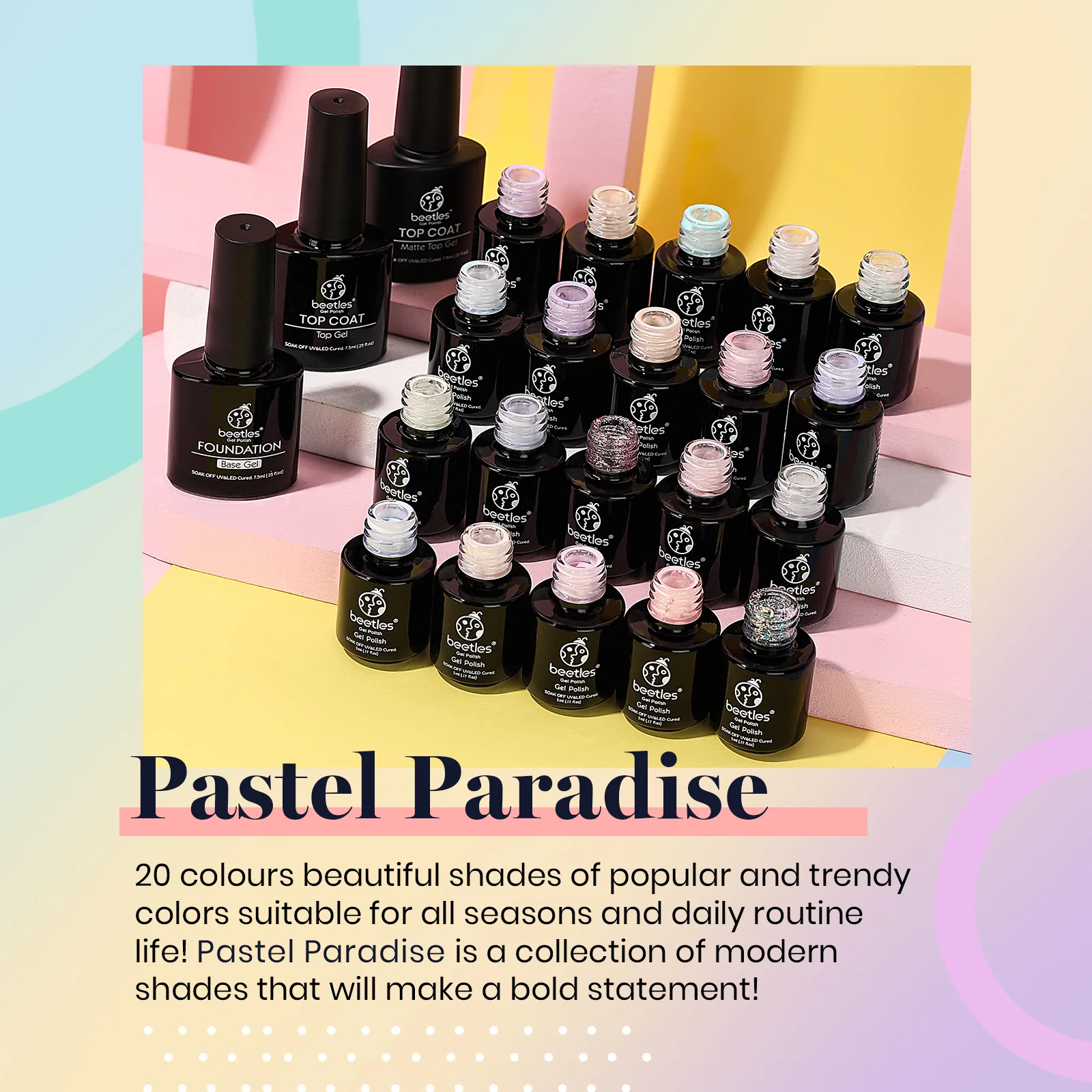 Pastel Paradise - 20 Gel Colors Set with Top and Base Coat (5ml/Each) Nails - Image 3