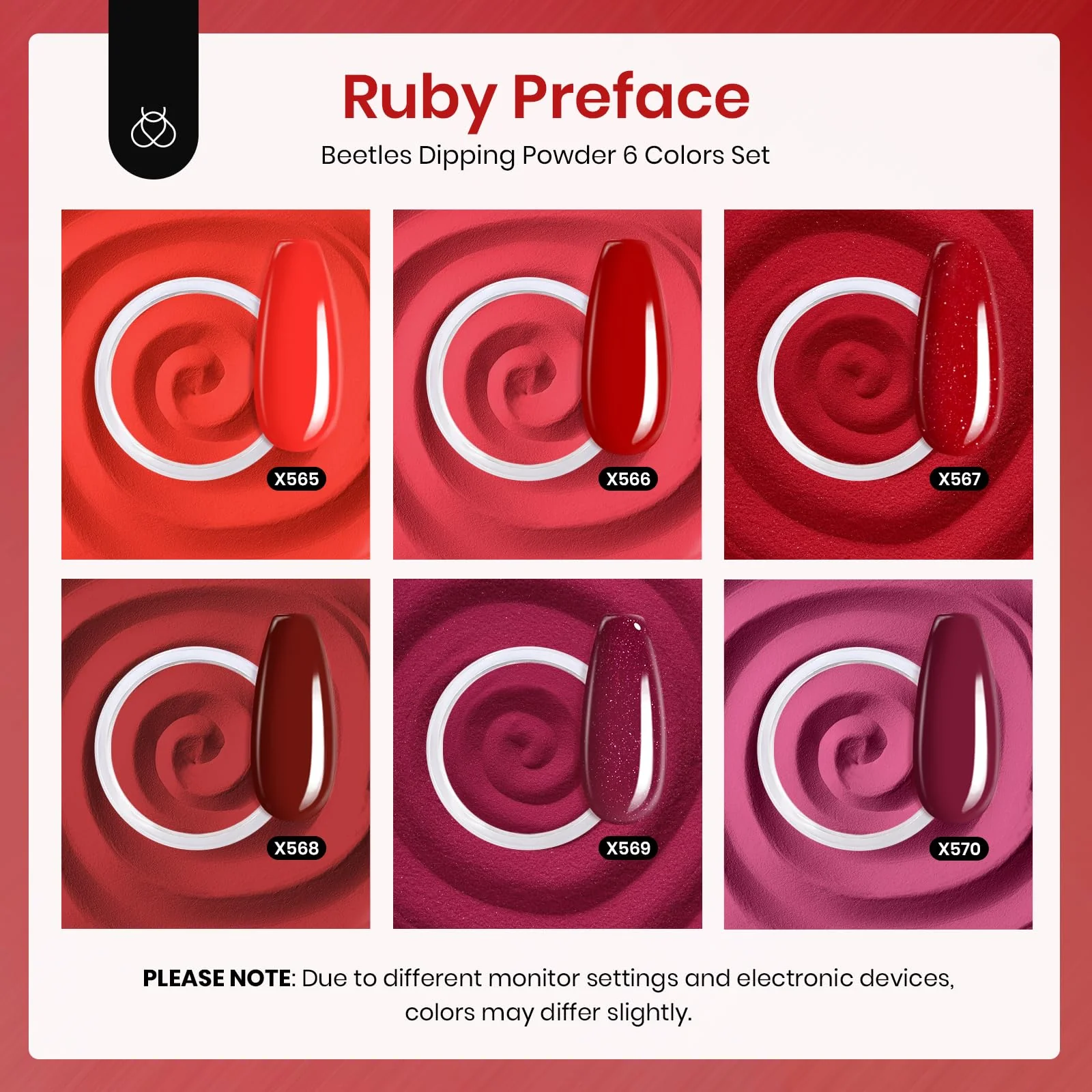 Ruby Preface | 6 color D powder Dip Red Nail Kit set - Image 2