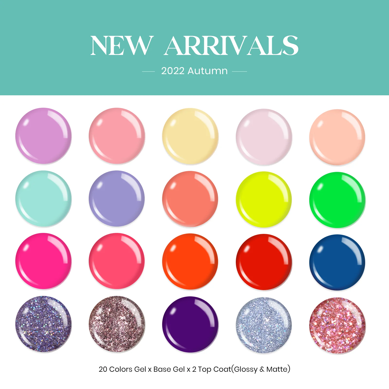 Summer Nails- 20 Gel Colors Set with Top and Base Coat (5ml/Each) - Image 2
