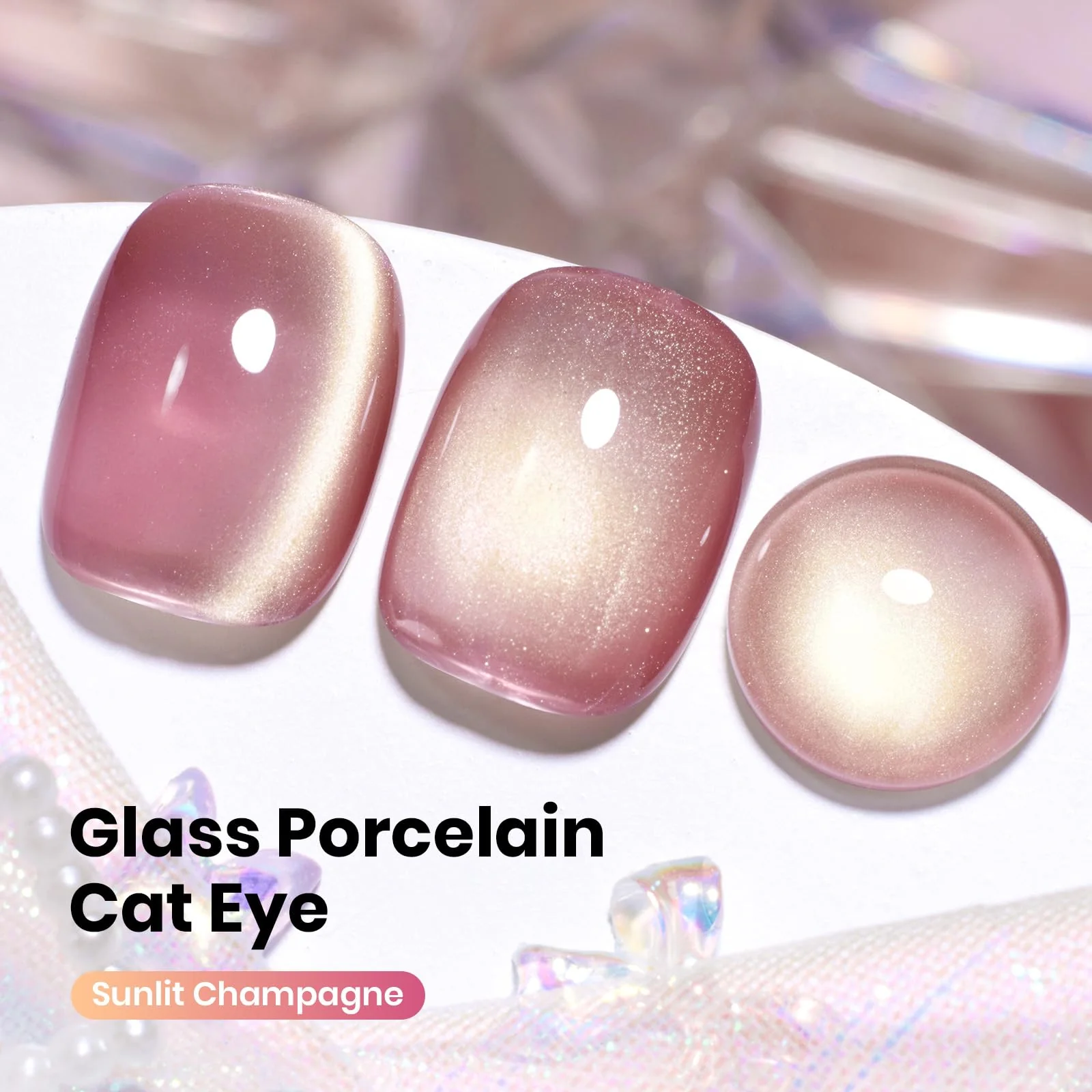Sunlit Champagne  - 15ML Peach Pink Glass Cat Eye with Gold Powder Magnetic Glitter Gel Polish - Image 2