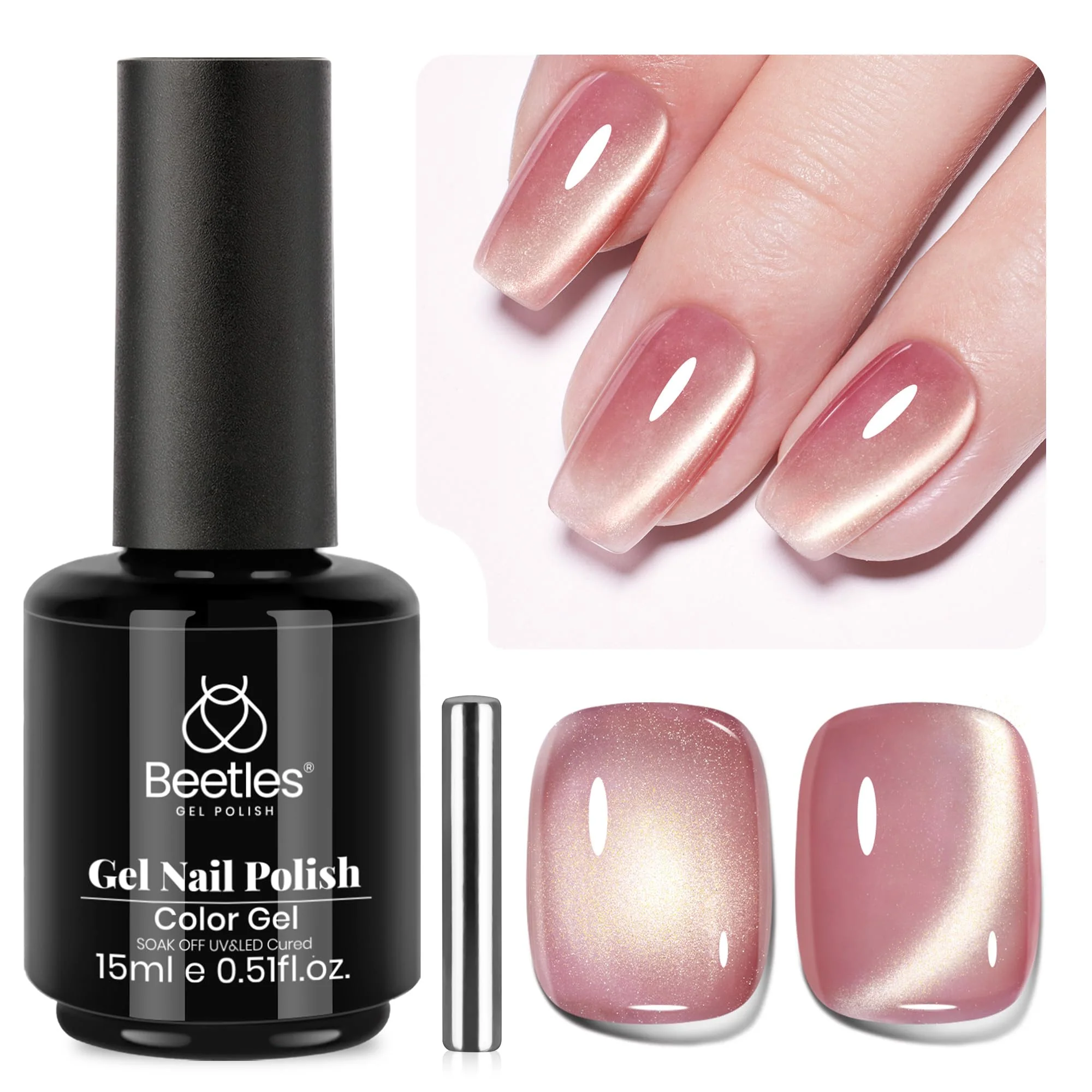 Sunlit Champagne  - 15ML Peach Pink Glass Cat Eye with Gold Powder Magnetic Glitter Gel Polish - Image 9