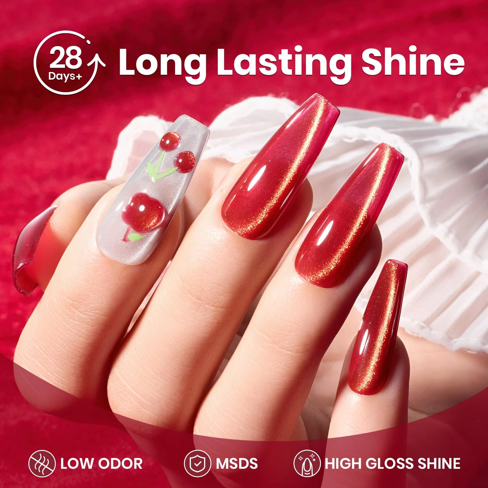 Twilight Toast Nails - 15ML Cherry Red Glass Magnetic Cat Eye Glitter Gel Nail Polish - Image 5