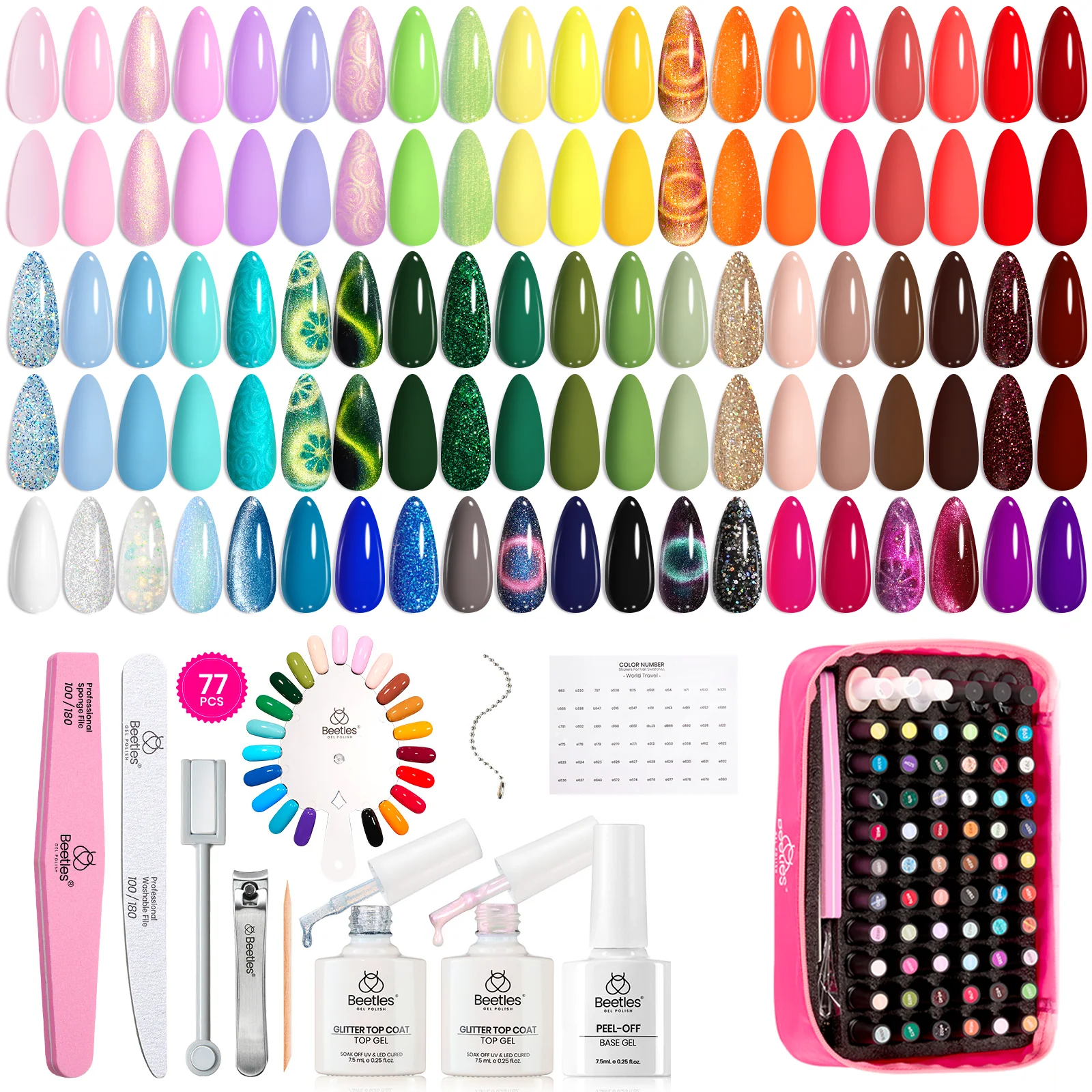 (Free Storage Bag) 60 Colors 77 Pcs Summer Nails Perfect Gift Set - World Travel Collection